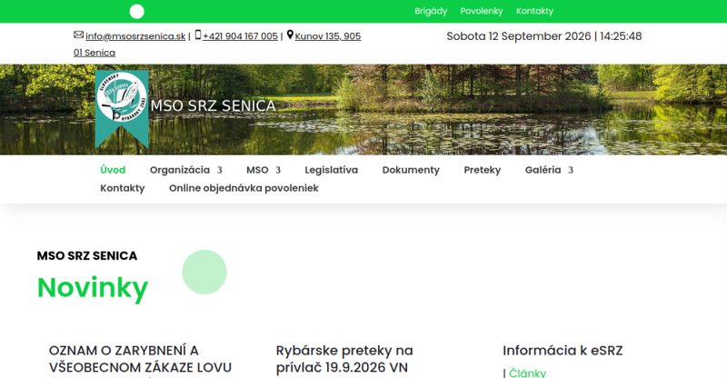 Web rybárskej organizácie MsO SRZ Senica so sekciou Preteky, ktorú poháňa plugin na mieru