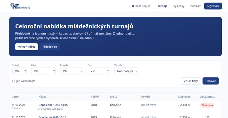 Webová aplikácia Náš turnaj — filtre turnajov, štartovné, obsadenosť a registrácia tímov